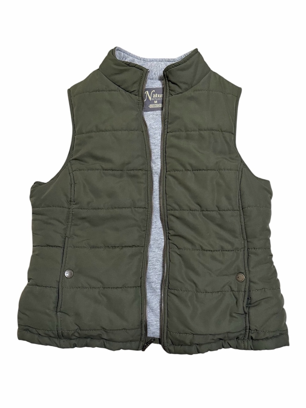 NATURAL REFLECTIONS Olive Green Full Zip Quilted Puffer Vest